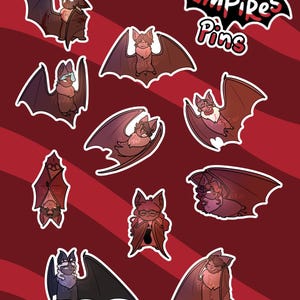 May include: A collection of cartoon bat pins in various poses and colors, set against a red background with diagonal stripes. The pins feature bats with different expressions and accessories. The text "Vampires Pins" is displayed at the top.