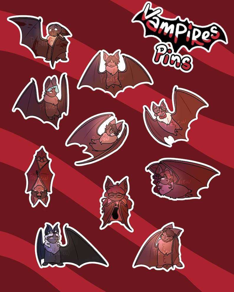 May include: A collection of cartoon bat pins in various poses and colors, set against a red background with diagonal stripes. The pins feature bats with different expressions and accessories. The text "Vampires Pins" is displayed at the top.