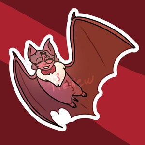 May include: A cartoon illustration of a bat with a white outline. The bat is primarily shades of red and pink, with a white chest and a small bow tie. The background is a gradient of red.