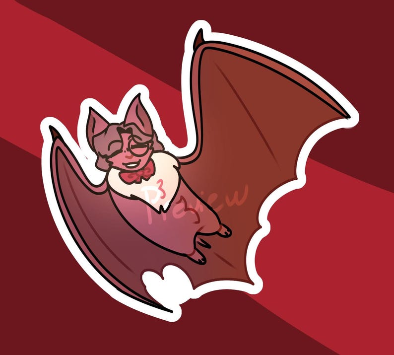 May include: A cartoon illustration of a bat with a white outline. The bat is primarily shades of red and pink, with a white chest and a small bow tie. The background is a gradient of red.
