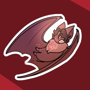 May include: A cartoon sticker of a bat with a white border. The bat is in shades of red and brown, with its wings spread. The bat has a stern expression. The background is a solid maroon color.