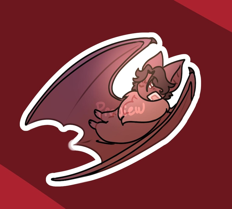 May include: A cartoon sticker of a bat with a white border. The bat is in shades of red and brown, with its wings spread. The bat has a stern expression. The background is a solid maroon color.