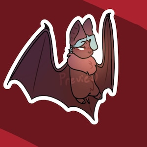 May include: A cartoon illustration of a bat with a white outline. The bat is primarily shades of brown and red, with a light blue accent on its head. The bat is smiling and has its wings spread.