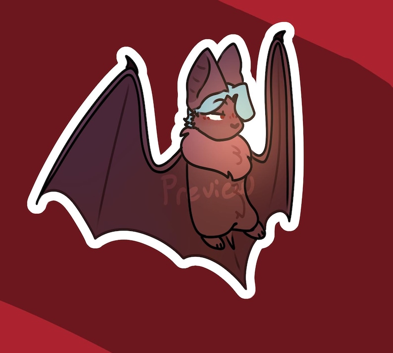 May include: A cartoon illustration of a bat with a white outline. The bat is primarily shades of brown and red, with a light blue accent on its head. The bat is smiling and has its wings spread.
