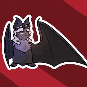 May include: A cartoon sticker of a bat with a white outline. The bat has dark gray wings, a purple chest, and a dark gray body. The background is a gradient of red and maroon.