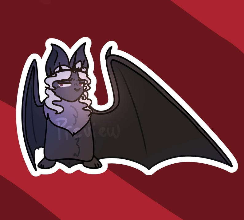May include: A cartoon sticker of a bat with a white outline. The bat has dark gray wings, a purple chest, and a dark gray body. The background is a gradient of red and maroon.