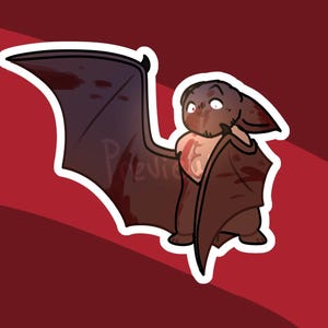 May include: A cartoon illustration of a brown bat with a white outline. The bat has dark brown wings with red accents and a red chest. The background is a gradient of red.