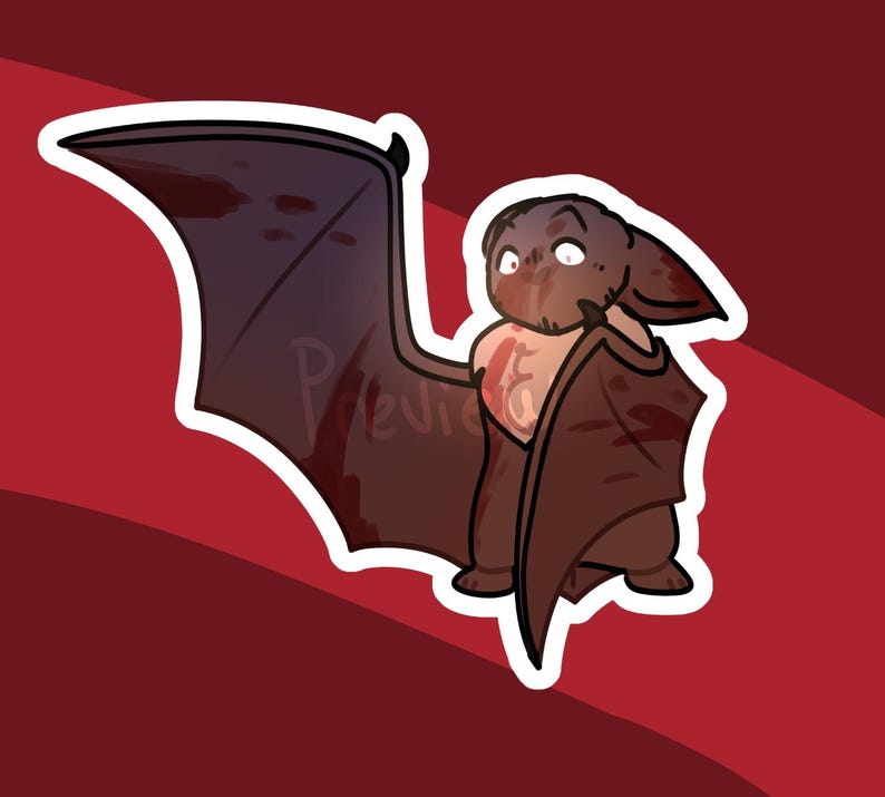 May include: A cartoon illustration of a brown bat with a white outline. The bat has dark brown wings with red accents and a red chest. The background is a gradient of red.