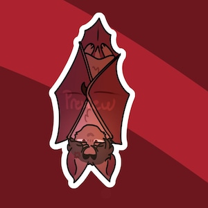 May include: A cartoon illustration of a bat hanging upside down, with a white outline. The bat is in shades of red and brown, with the word "Preview" visible on the wings. The background is a gradient of red.