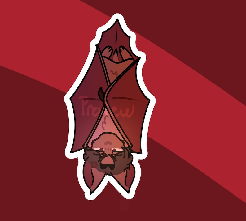 May include: A cartoon illustration of a bat hanging upside down, with a white outline. The bat is in shades of red and brown, with the word "Preview" visible on the wings. The background is a gradient of red.