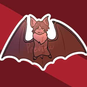 May include: A cartoon illustration of a bat with a white outline, set against a burgundy background. The bat has brown wings and a pinkish-brown body. The text "Preview" is written across the bat's body.