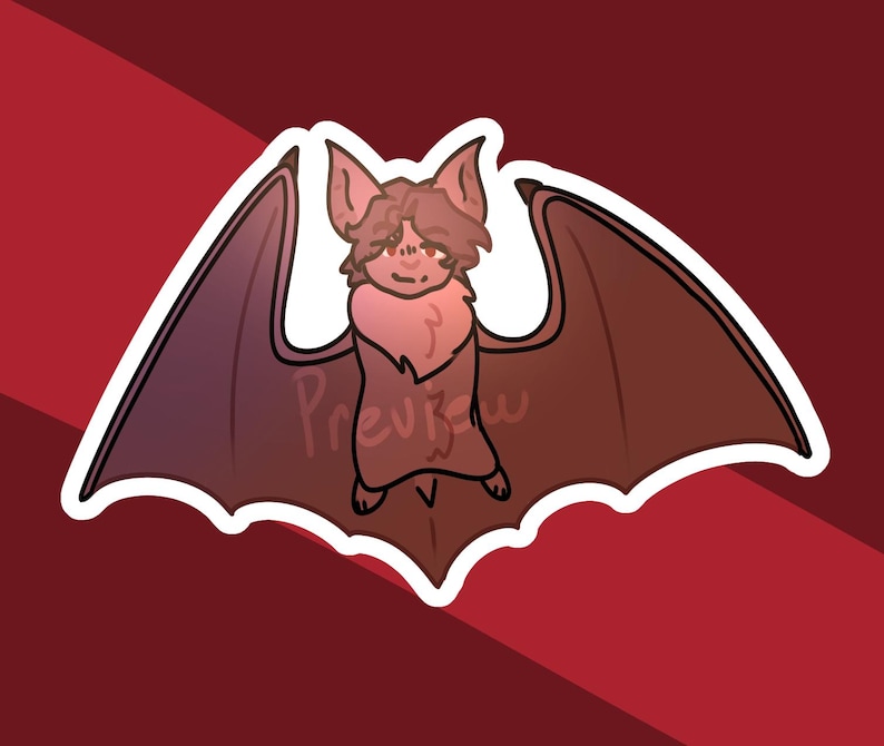 May include: A cartoon illustration of a bat with a white outline, set against a burgundy background. The bat has brown wings and a pinkish-brown body. The text "Preview" is written across the bat's body.