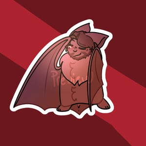 May include: A cartoon illustration of a bat with a smiling face, large ears, and outstretched wings. The bat is primarily shades of brown and red, with a white outline. The background is a gradient of red.