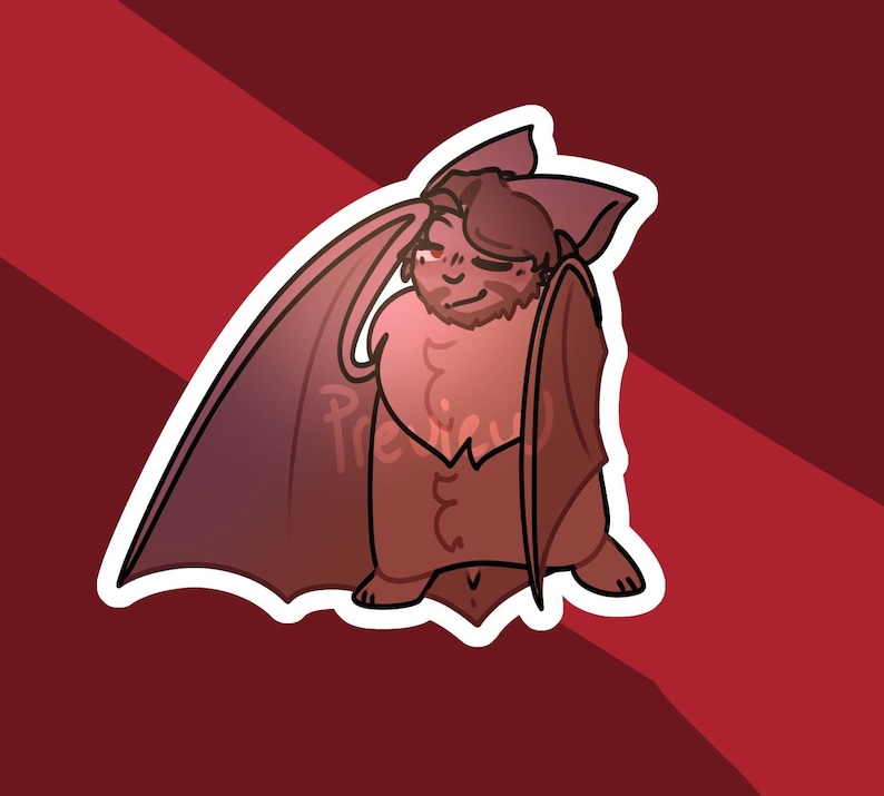 May include: A cartoon illustration of a bat with a smiling face, large ears, and outstretched wings. The bat is primarily shades of brown and red, with a white outline. The background is a gradient of red.