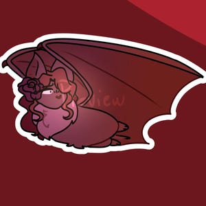 May include: A cartoon illustration of a bat with a flower in its hair. The bat is in shades of pink and burgundy, with large wings and a white outline. The background is a solid burgundy color.