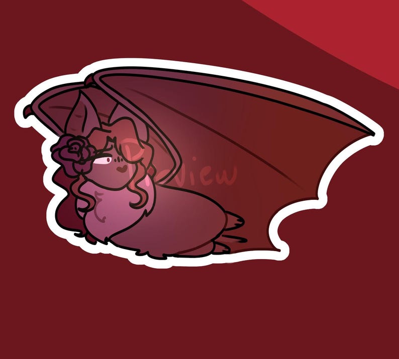 May include: A cartoon illustration of a bat with a flower in its hair. The bat is in shades of pink and burgundy, with large wings and a white outline. The background is a solid burgundy color.