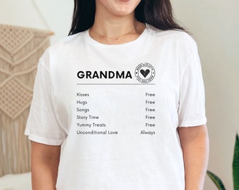 Grandma Menu Card - Free Love Free Hugs and Kisses from gma, Bubbie, Abuela shirt, Grandmother Gift, Hip and Cool Grandma