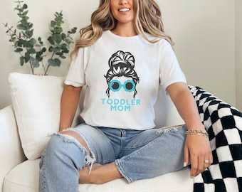 Toddler mom, bun and glass tee, blue turquoise unisex mom tee, flower glasses, mama shirt, girl and boy mom, fun mom, funky glasses mother