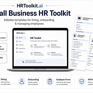 Può includere: Un laptop mostra il sito web HRToolkit.ai, che offre modelli modificabili per le esigenze di risorse umane delle piccole imprese. L'immagine include modelli per assunzioni, onboarding, moduli per dipendenti e politiche HR. Icone PDF, download immediato e indice cliccabile.