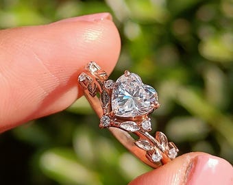 Heart Cut Lab Grown Diamond Engagement Ring, 10k Rose Gold Vine Leaf Wedding Band, Unique Art Deco Bridal Set, Nature Inspired Promise Ring