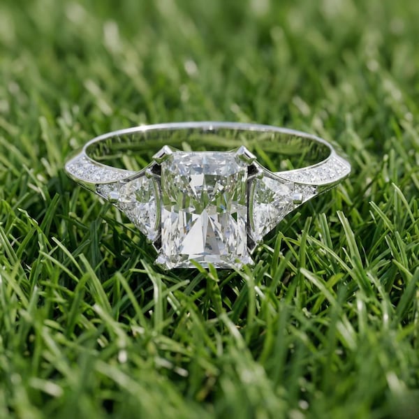 Radiant Cut Diamond Engagement Ring With Trillion Side Stones Three Stone Ring | Custom Pave Band White Gold |  Bridal Wedding Gift For Her