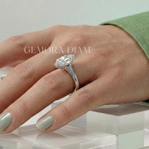 Anel solitário com diamante de laboratório em corte marquise alongado, cravação catedral, em ouro maciço 14k, aliança de casamento feminina personalizada.