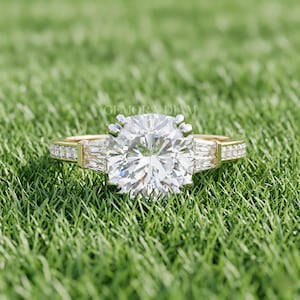 2ct Cushion Moissanite Cathedral Setting Ring, Two Tone Double Prong Engagement Band, Vintage Style Tapered Baguette Anniversary Gift