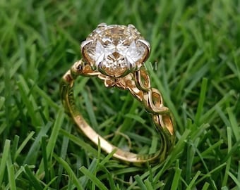 Portugal Cut Ring 10k Solid Gold: Lotus Flower Lab Diamond, Infinity Twist Band, Woven Shank, Vintage Solitaire