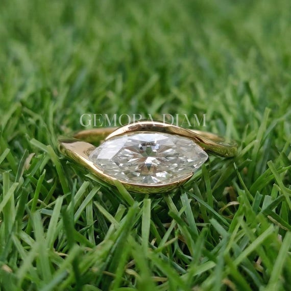 East West Marquise Cut Ring 14k Solid Gold: Bypass Bezel Set, Minimalist Solitaire, D Color Moissanite, Low Profile Modern Bridal Trend