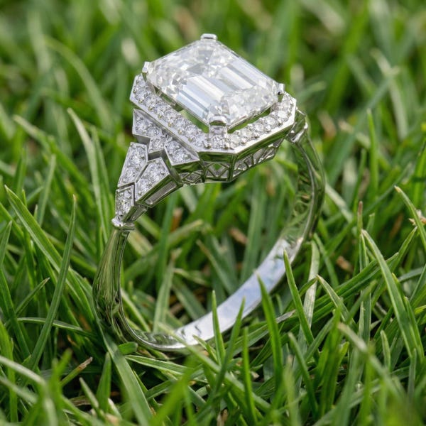 Vintage Style Emerald Cut Lab Grown Diamond Halo Engagement Ring | Step Cut Diamond Wedding Ring | Statement Wedding Jewelry Gift For Her