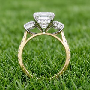 Emerald Cut Three Stone Hidden Halo Cathedral Setting Engagement Ring Two Tone Trilogy Wedding Ring, Sustainable Lab Diamond Jewelry