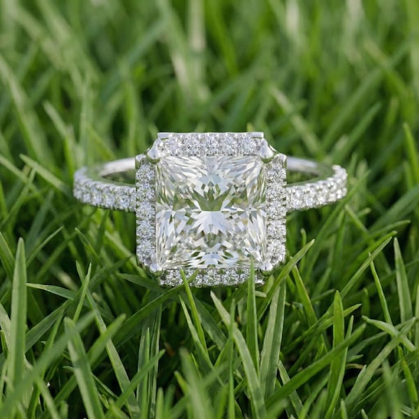 Princess Cut Engagement Ring Lab Grown Diamond Halo Ring, 14k White Gold Wedding Ring For Women, Dainty Anniversary Ring Square Diamond