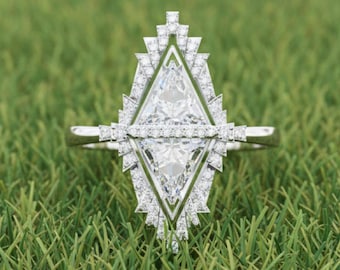 Trillion Cut Moissanite Ring Solid Gold Band with Sunburst Gold Ring Art Deco Triangular Cut Gems