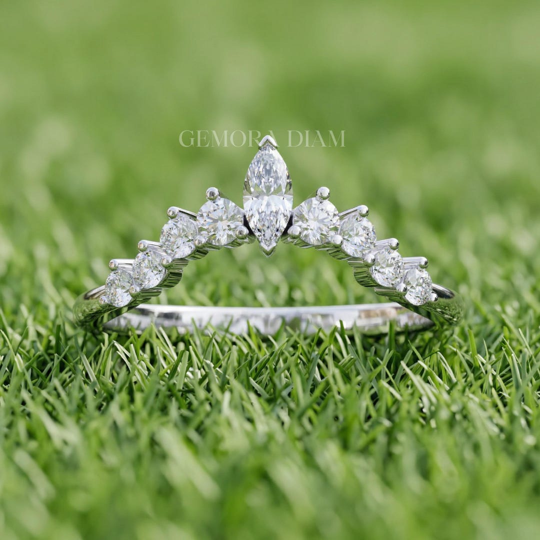 Marquise Curved Tiara Wedding Band 14k White Gold Wedding Ring Crown ...