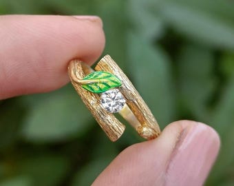 Handmade Leaf and Branch Ring 14k Gold Bark Textured Wedding Band Dainty Round Moissanite Bypass Ring Whimsical Botanical Bridal Set