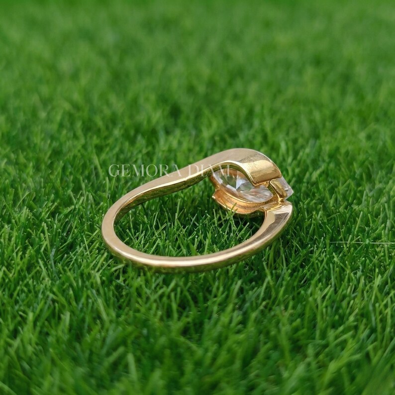 Low profile 1.8mm thin band 10k solid gold marquise ring, snag-free bezel setting height view for daily wear.