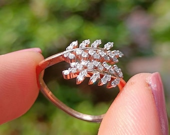 Double Leaf Moissanite Ring 14k Gold Nature Inspired Engagement Ring Custom Lab Diamond Bypass Band Personalized Botanical Jewelry Gift