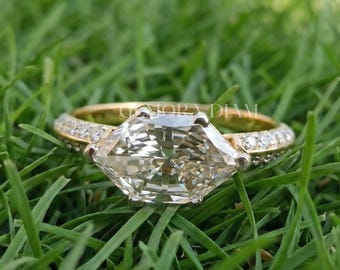 East West förlängd hexagon moissanit förlovningsring 14k guld, unik holländsk marquise diamantring för kvinnor, specialanpassade brudsmycken