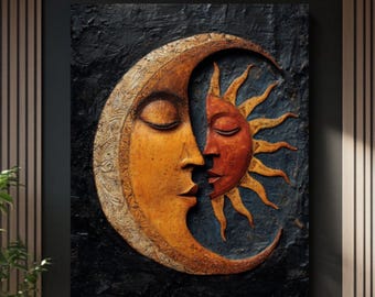 Luxuosa Arte com o Rosto do Sol e da Lua – Pintura Rústica em Técnica Mista com Fundo Escuro Texturizado, Ideal para Pôster Celestial ou Decoração em Tela com Moldura.