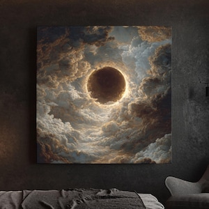 May include: A large square canvas art piece depicting a celestial scene with a dark, circular form surrounded by swirling clouds in shades of brown, white, and blue. The artwork hangs above a bed with dark gray bedding in a modern bedroom setting.