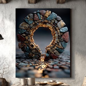 May include: A framed artwork depicting a stone archway with a circular opening. The arch is constructed from various colored stones, including blue, red, and gold. The artwork is displayed in a rustic dining room setting with a wooden table and chairs.