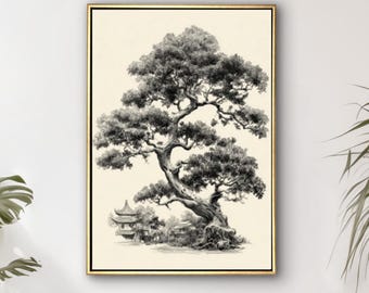 May include: Framed monochrome print of a bonsai tree and pagoda, set in a gold frame. The artwork hangs above a brown leather sofa. The room is decorated with plants and a wooden side table, creating a calming atmosphere.