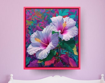 Lujosa obra de arte con flores de hibisco: vibrantes flores tropicales con hojas exuberantes, pintura colorida y detallada, póster/lienzo/arte mural enmarcado.
