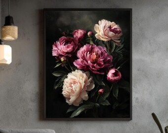 Canvas Donkerroze pioenrozen