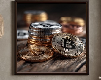 Golden Bitcoin Coin Pile Canvas – Luxurious Digital Currency Art, Realistic Crypto Photography Style, Shiny Gold Coin Wall Decor