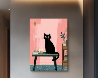 Luxurious Maira Kalman Style Black Cat Art – Quirky Cat with Cigarette & Whiskey, Retro Illustration Poster, Canvas And  Framed