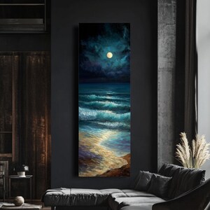 May include: Vertical oil painting of a moonlit ocean scene. The artwork depicts a full moon in a dark, cloudy sky above turquoise waves crashing on a sandy shore. The painting has a dramatic, moody atmosphere.
