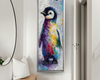 Colorful Penguin Oil Painting – Abstract Brushstroke Wall Art, Canvas or Framed