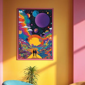 Könnte beinhalten: Ein gerahmter Kunstdruck mit einer lebendigen, psychedelischen Illustration. Das Kunstwerk zeigt eine farbenfrohe kosmische Szene mit Planeten, Regenbogen und einer großen Sonne. Zwei Figuren gehen auf einem Weg zur Sonne. Der Rahmen ist rosa.