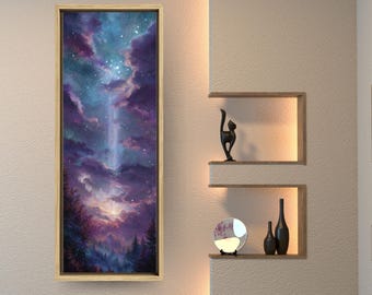 May include: A framed vertical painting depicts a celestial scene with a waterfall of light cascading through a purple and blue nebula. The artwork is in a room with built-in shelves, a black cat sculpture, and decorative vases.